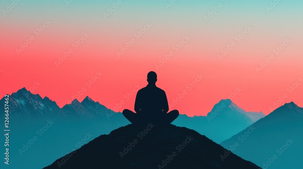 Silhouette of Person Sitting on Mountain Peak at Dawn, Taking Deep Breath, Symbolizing Self Reflection and Resilience Silhouette of Person Sitting on Mountain Peak at Dawn, Taking Deep Breath, Symbolizing Self Reflection and Resilience