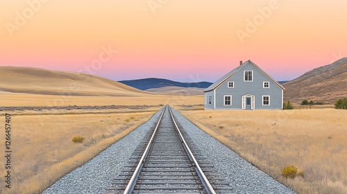Serene sunset hues bathe lonely farmhouse nestled beside railway tracks stretching to distant hills. AI Generated