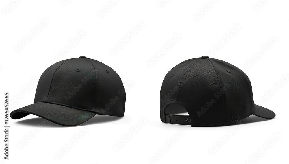 Fototapeta premium Black snapback cap front and back mockup on a white background, with no text or logo on the hat.