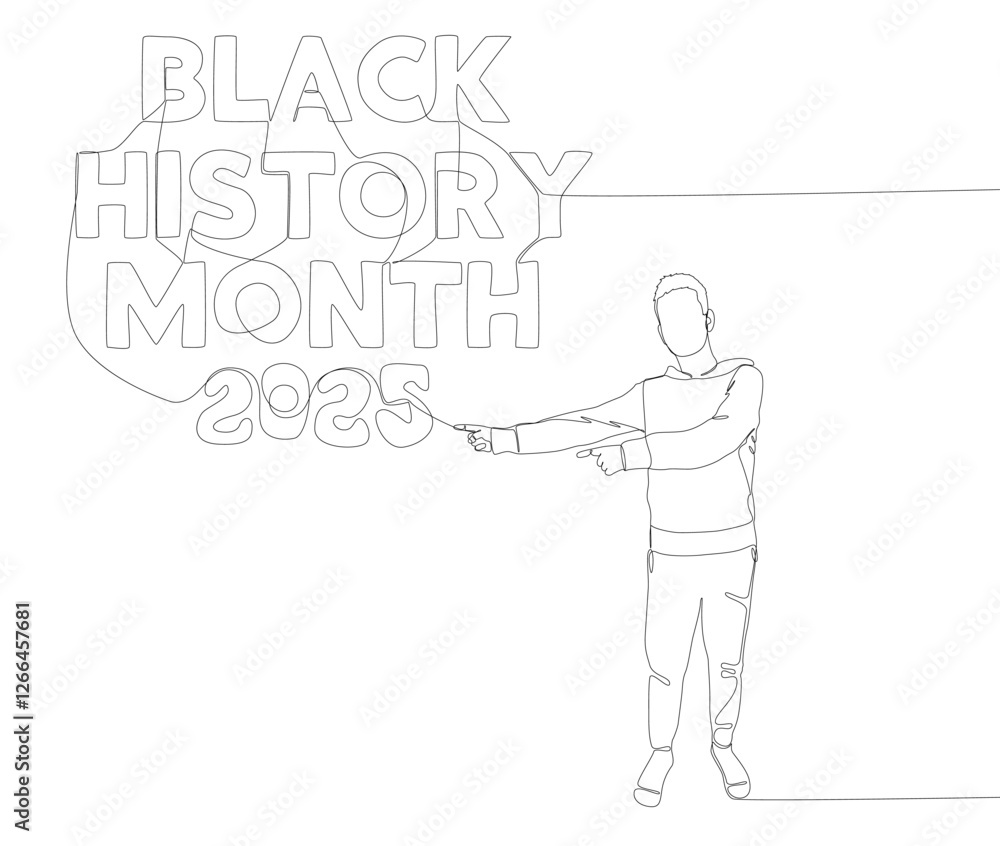 One continuous line of Man pointing with finger at Black History Month 2025. Thin Line Illustration vector concept. Contour Drawing Creative ideas. One continuous line of Man pointing with finger at Black History Month 2025. Thin Line Illustration vector concept. Contour Drawing Creative ideas.