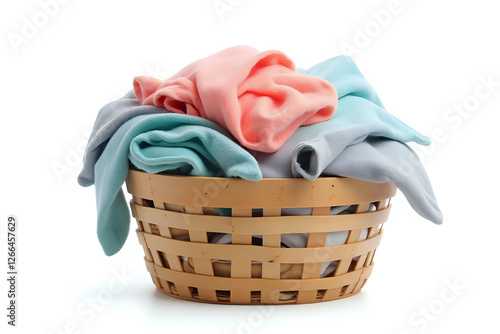 Clothes in a laundry wooden basket isolated on white background.