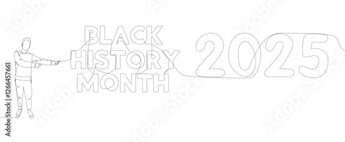 One continuous line of Man pointing with finger at Black History Month 2025. Thin Line Illustration vector concept. Contour Drawing Creative ideas.