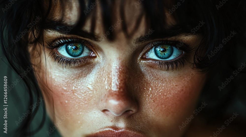 Close up of a womans face with striking blue eyes Close up of a womans face with striking blue eyes