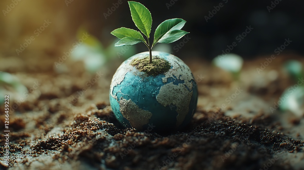 Small plant sprouting from a miniature Earth model in soil. Small plant sprouting from a miniature Earth model in soil.