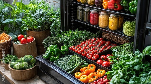 Vibrant assortment of fresh vegetables and herbs displayed in a well-organized refrigerator setting