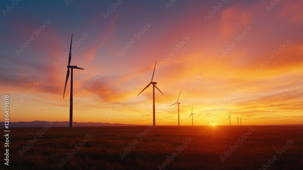 Wind turbines at sunset over golden field Wind turbines at sunset over golden field