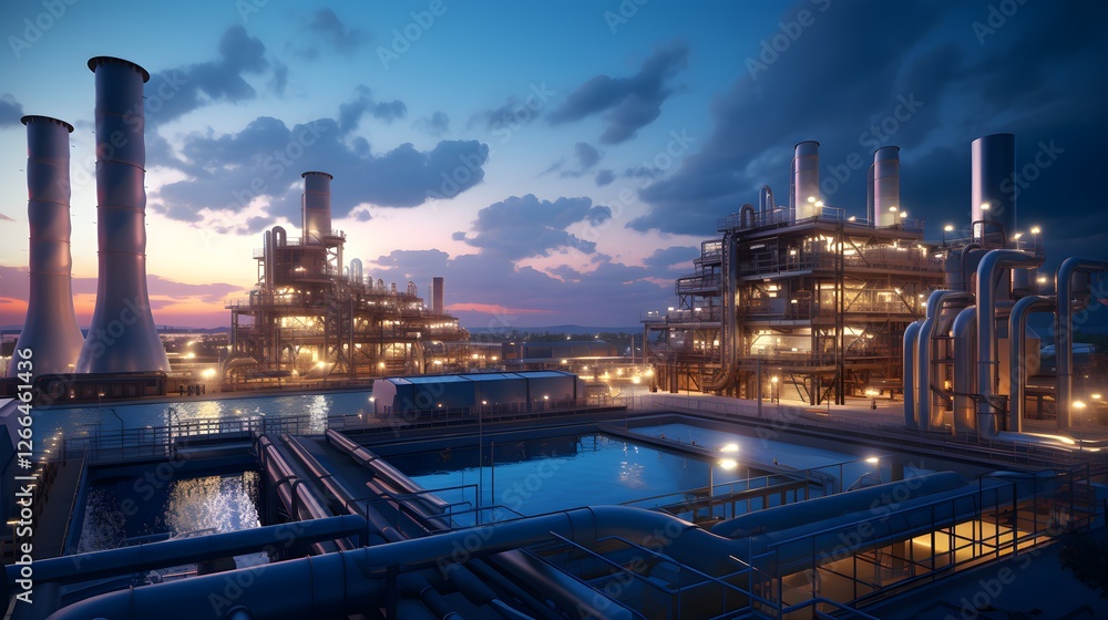 Industrial Power Plant at Dusk Modern Refinery Complex with Cooling Towers and Pipelines