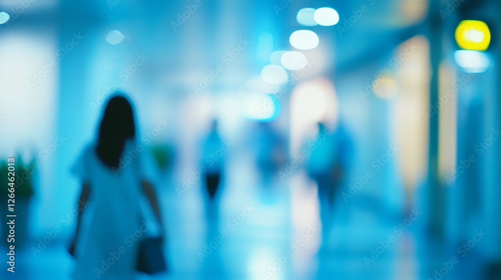 Business conference in convention hall with blurred background of people walking through corridor, ideal for corporate, networking, and event-related visuals Business conference in convention hall with blurred background of people walking through corridor, ideal for corporate, networking, and event-related visuals
