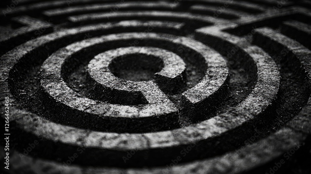 Intricate stone maze design showcasing a complex pattern in a monochromatic setting Intricate stone maze design showcasing a complex pattern in a monochromatic setting