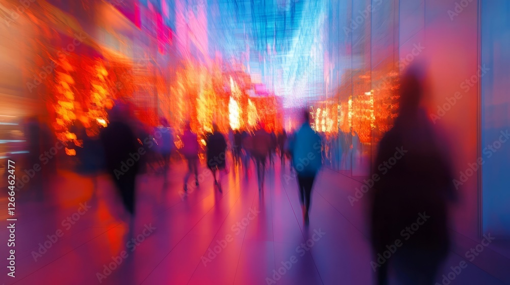 Business conference in convention hall with blurred background of people walking through corridor, ideal for corporate, networking, and event-related visuals Business conference in convention hall with blurred background of people walking through corridor, ideal for corporate, networking, and event-related visuals