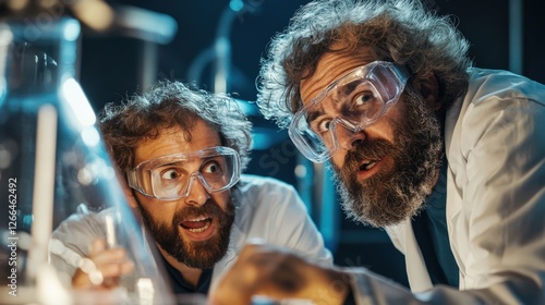 Two Male Scientists in Lab Coats with Beards Reacting to Experiment Results in a Dark Laboratory: Shocked Expressions and Protective Goggles, Engaged in Research and Discovery photo