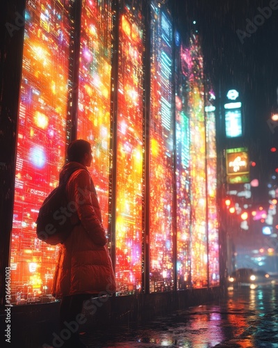 Woman looks at bright digital billboards in a rainy city at night. Possible for advertisement