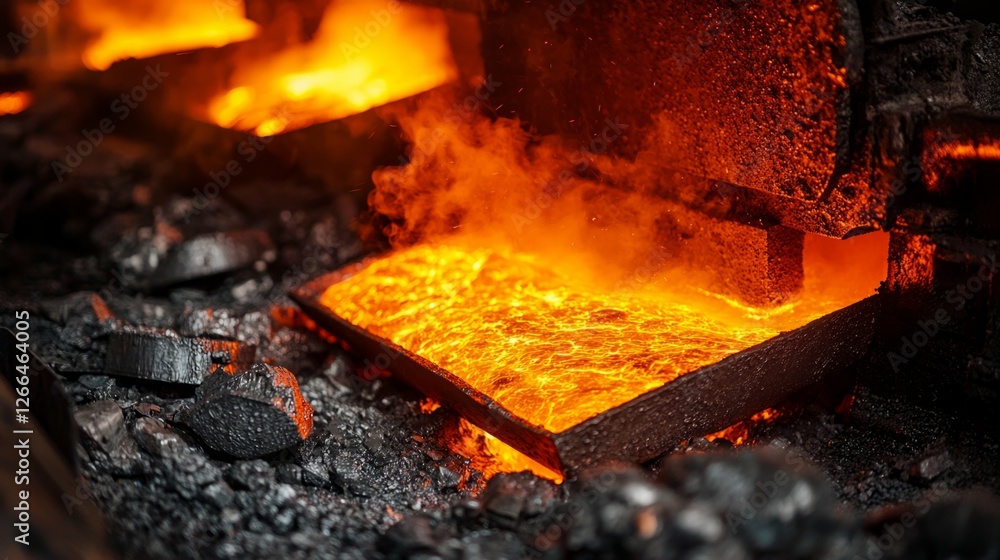 Molten Metal Flowing from Furnace with Glowing Heat and Smoke Molten Metal Flowing from Furnace with Glowing Heat and Smoke