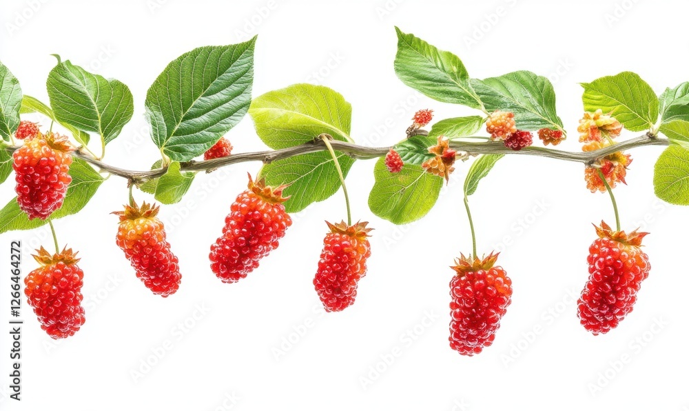 Fresh, ripe berries hanging from a branch with green leaves, isolated on a white background Fresh, ripe berries hanging from a branch with green leaves, isolated on a white background