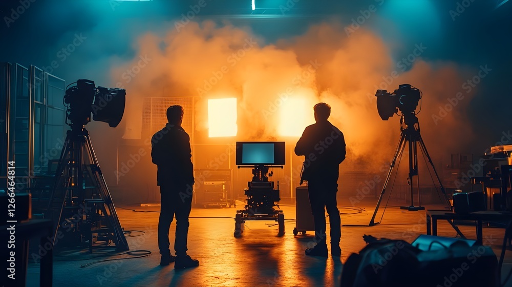 Fototapeta premium Film Production Crew Silhouettes on Set Dramatic Lighting Movie Studio