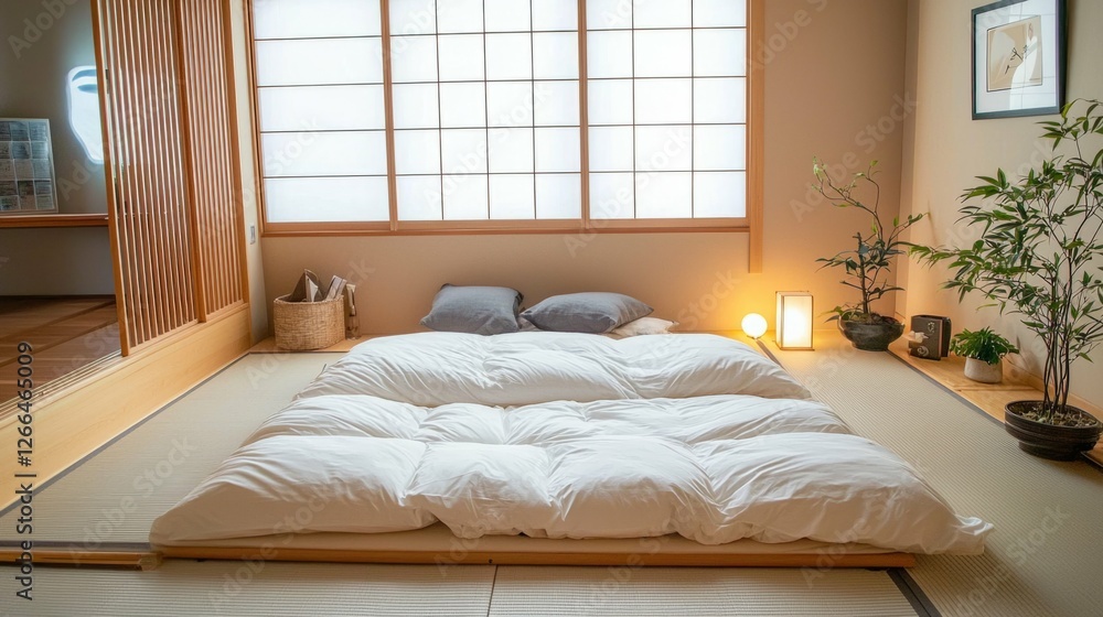Fototapeta premium Minimalist Japanese Bedroom with Futon, Sliding Doors and Plants