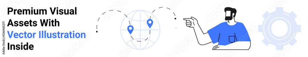 Man pointing at globe with location markers and gear icon, suggesting global reach, innovation, and teamwork. Ideal for travel, business, technology, education, logistics creativity flat landing Man pointing at globe with location markers and gear icon, suggesting global reach, innovation, and teamwork. Ideal for travel, business, technology, education, logistics creativity flat landing