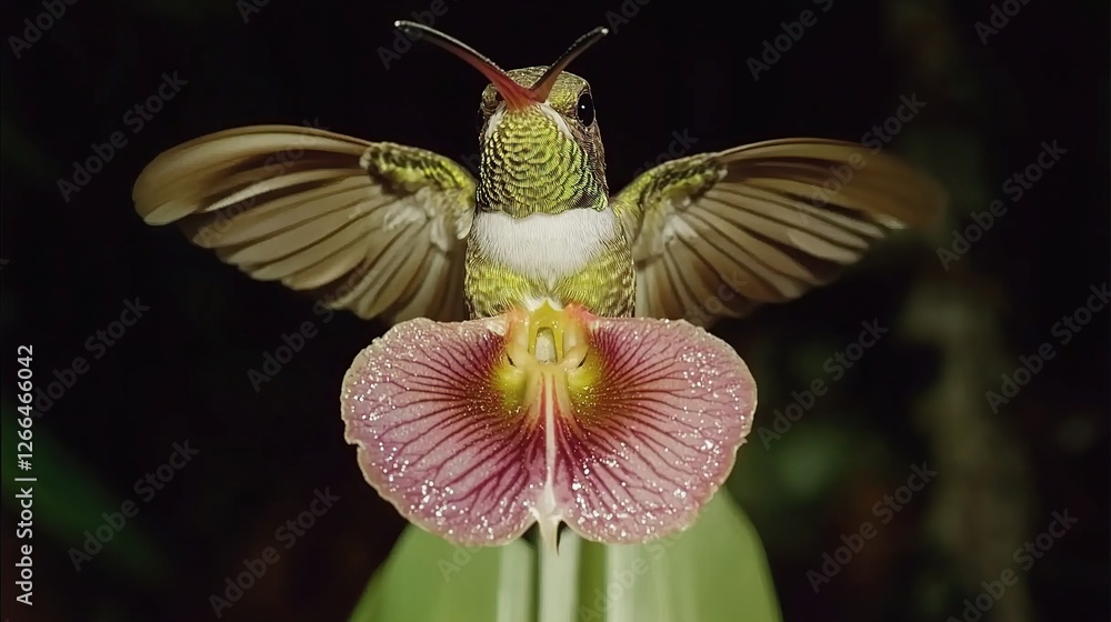 Obraz premium Hummingbird hovering orchid rainforest night wildlife