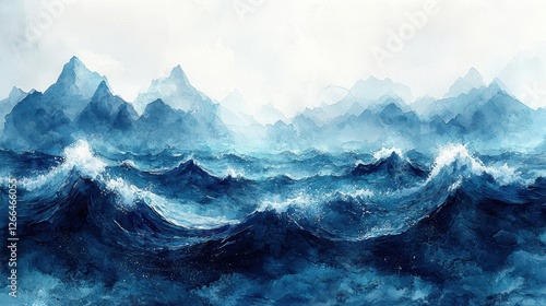 Wallpaper Mural A serene watercolor depiction of ocean waves and distant mountains. Torontodigital.ca