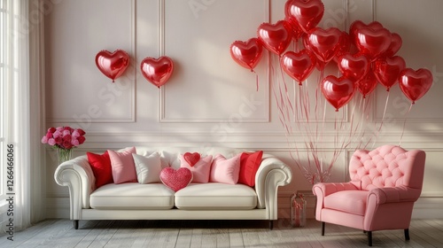 A romantic living room decorated with heart balloons and cushions, perfect for celebrations.