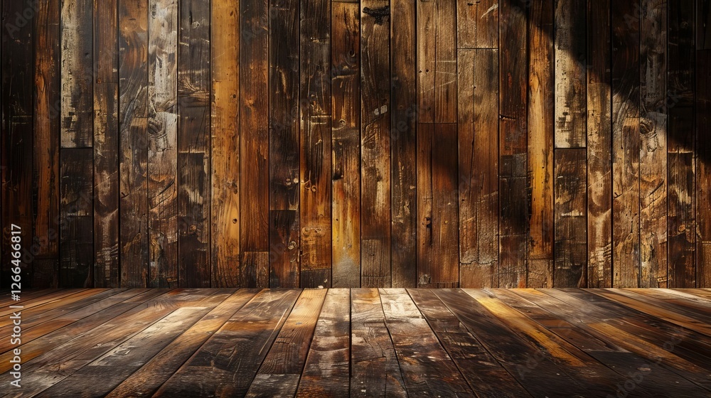 Obraz premium Rustic Wooden Wall and Floor Background Dark Brown Reclaimed Wood Texture