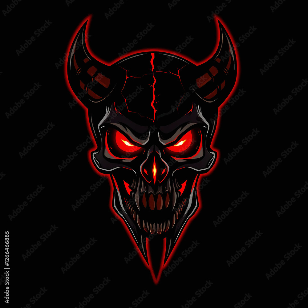 A demonic skull logo with red glowing eyes, sharp fangs, and cracks running through its bone structure A demonic skull logo with red glowing eyes, sharp fangs, and cracks running through its bone structure