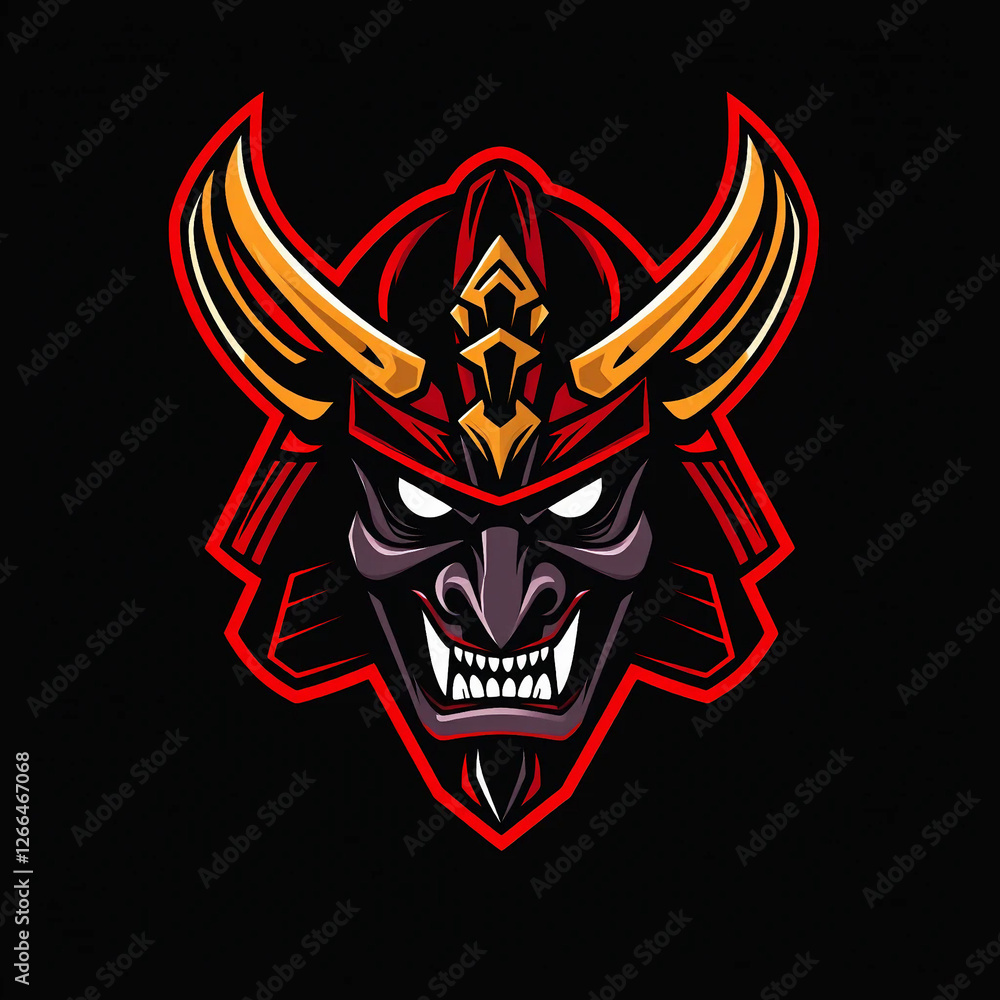 A samurai warrior mask logo with a dark red and black color scheme, glowing white eyes, and an intimidating snarl A samurai warrior mask logo with a dark red and black color scheme, glowing white eyes, and an intimidating snarl