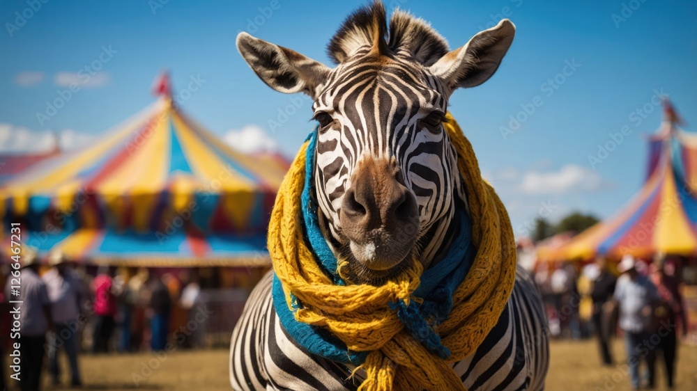 A zebra wearing a colorful scarf stands in front of a circus tent, creating a whimsical scene. A zebra wearing a colorful scarf stands in front of a circus tent, creating a whimsical scene.