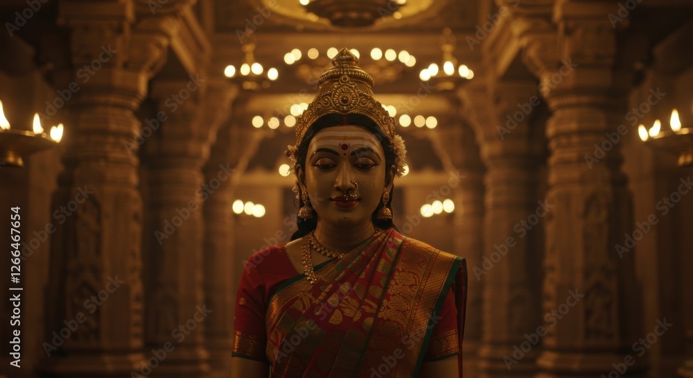 Serene goddess statue in a dimly lit temple, surrounded by ornate columns and soft glowing lights Serene goddess statue in a dimly lit temple, surrounded by ornate columns and soft glowing lights