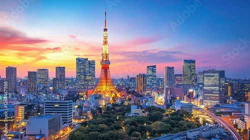 A breathtaking view of Tokyo's skyline at night, with vibrant city lights and futuristic architecture.