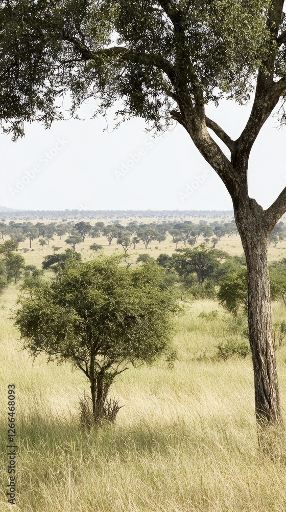 Serene landscape featuring tall grasslands and scattered trees under a clear sky Serene landscape featuring tall grasslands and scattered trees under a clear sky
