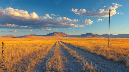 A serene dirt road stretches through golden grasslands under a vibrant sunset sky