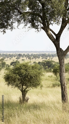 Serene landscape featuring tall grasslands and scattered trees under a clear sky