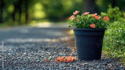 Vibrant flowers in a black pot beside a gravel path in a serene park setting