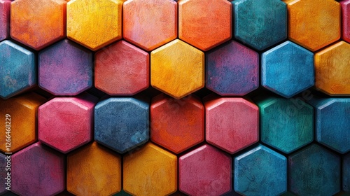 Colorful hexagonal tiles arranged in a vibrant pattern, showcasing artistic design and texture