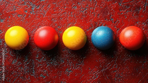 Colorful spheres arranged in a line on a textured red background, showcasing vibrant hues and shadows