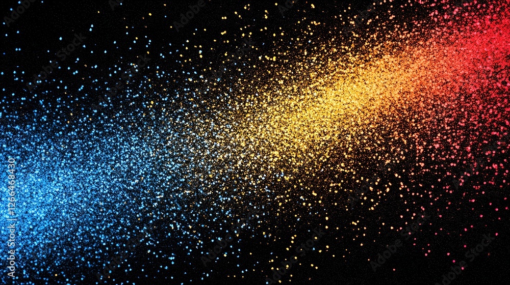 Fototapeta premium A vibrant and dynamic abstract noise texture background featuring grainy gradients of red, orange, yellow, and blue, blending into a dark gradient shape on a black backdrop.