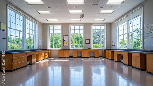 Bright and spacious classroom with large windows, wooden furniture, and greenery outside