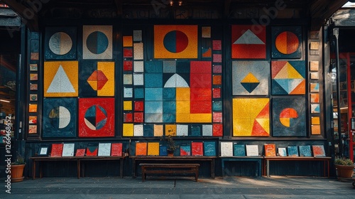 Colorful geometric wall art display in urban setting with potted plants and seating area