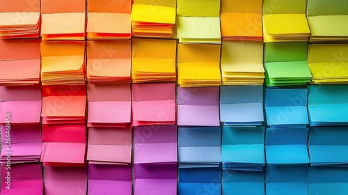 A vibrant arrangement of colorful sticky notes in a gradient pattern showcasing creativity and organization