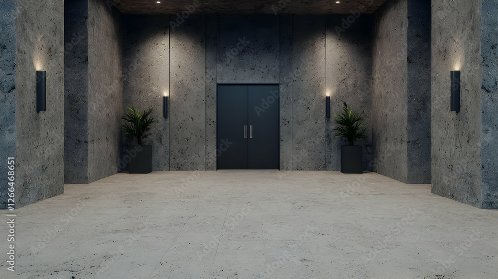 Obraz premium Concrete hallway entrance, dark ambiance, plants, modern design, interior architecture
