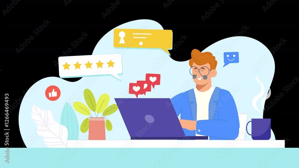 2D flat character animation depicting the process of customers leaving reviews for a product or service. The scene may show characters typing reviews or giving ratings on a website or app interface. 2D flat character animation depicting the process of customers leaving reviews for a product or service. The scene may show characters typing reviews or giving ratings on a website or app interface.