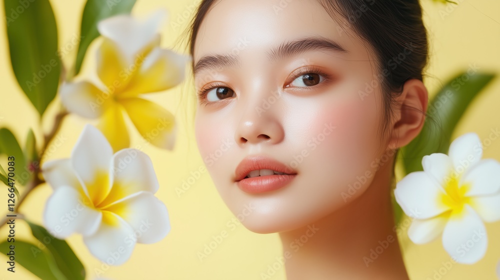 Radiant Beauty: Close-up portrait of a young woman with flawless skin, framed by delicate tropical flowers.