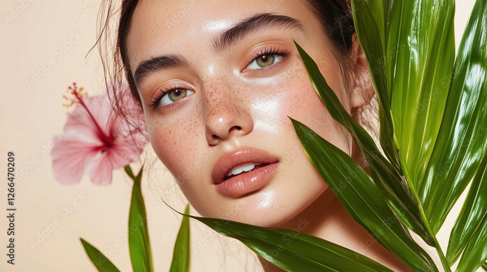 Fototapeta premium Radiant Beauty: Close-up of a young woman with flawless skin and natural makeup, framed by vibrant green tropical leaves and a delicate pink hibiscus flower. The image evokes a sense of freshness.