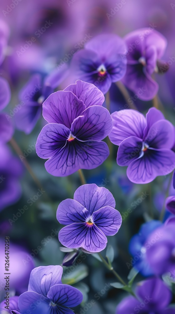Fototapeta premium Vibrant Purple Pansies Blooming in Garden Close Up Photography