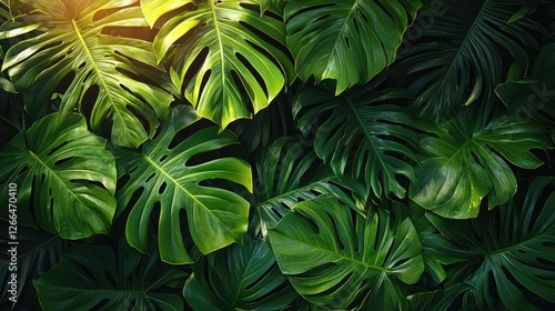 Wallpaper Mural Lush green monstera leaves overlapping in a vibrant tropical setting with sunlight filtering through Torontodigital.ca