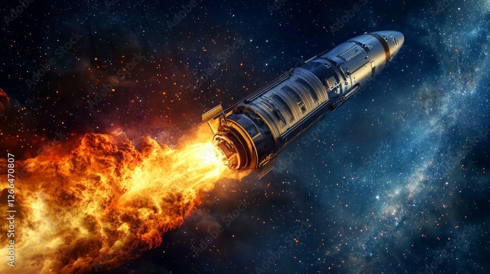 Rocket Launching Through Space with Flames and Starry Background Rocket Launching Through Space with Flames and Starry Background