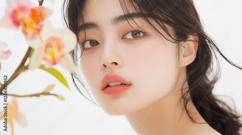 Delicate Beauty: A young woman with flawless skin and long dark hair gazes intently at the viewer, her gaze both alluring and serene. Delicate Beauty: A young woman with flawless skin and long dark hair gazes intently at the viewer, her gaze both alluring and serene.