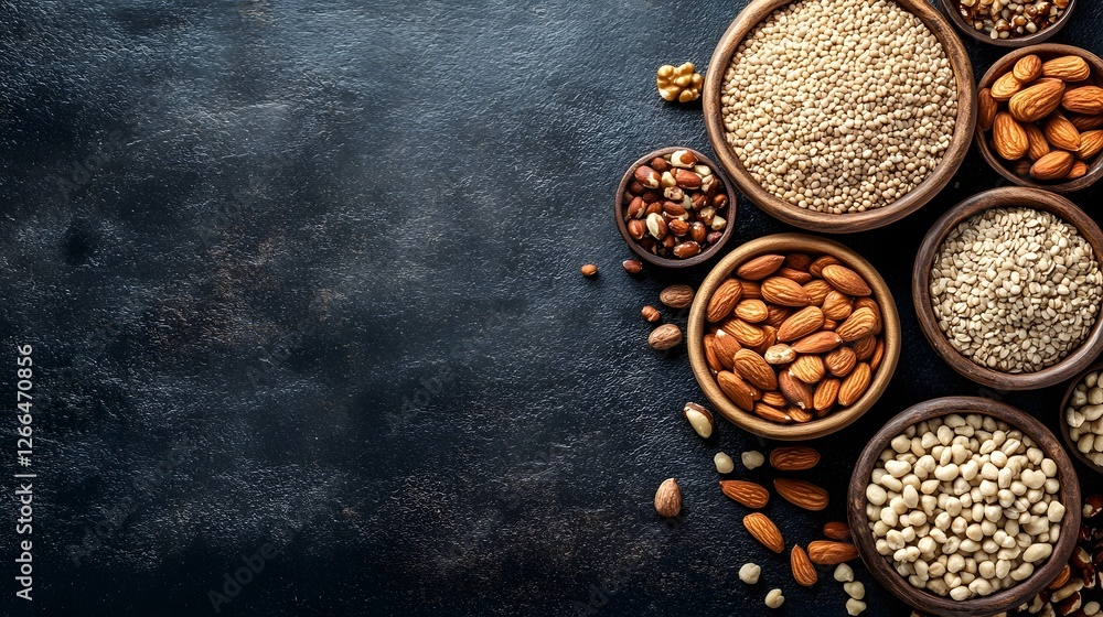 Assortment of Organic Nuts and Grains in Rustic Wooden Bowls on Dark Textured Background Assortment of Organic Nuts and Grains in Rustic Wooden Bowls on Dark Textured Background