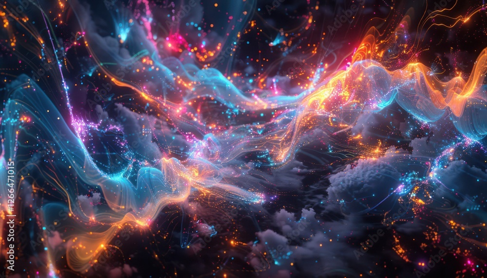 Wonderful night view futuristic international telecommunication network, concept about global data transfer, background with colourful abstract dynamic gradient line flows connecting cityspace Wonderful night view futuristic international telecommunication network, concept about global data transfer, background with colourful abstract dynamic gradient line flows connecting cityspace